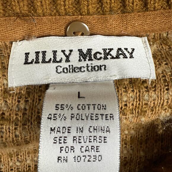 Brown Tan Knit Cardigan Sweater Size L Bouclé Striped Lilly McKay Retro - Picture 4 of 4